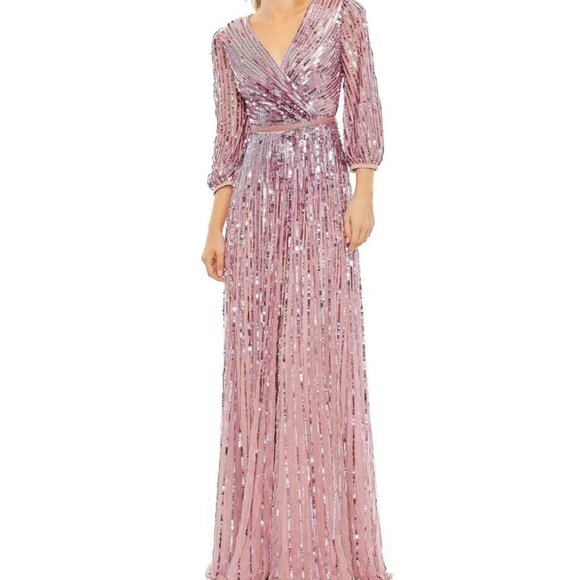 NWT MAC DUGGAL SEQUINED WRAP OVER 3/4‎ SLEEVE GOWN MAUVE SZ 4 5509 - Picture 1 of 6